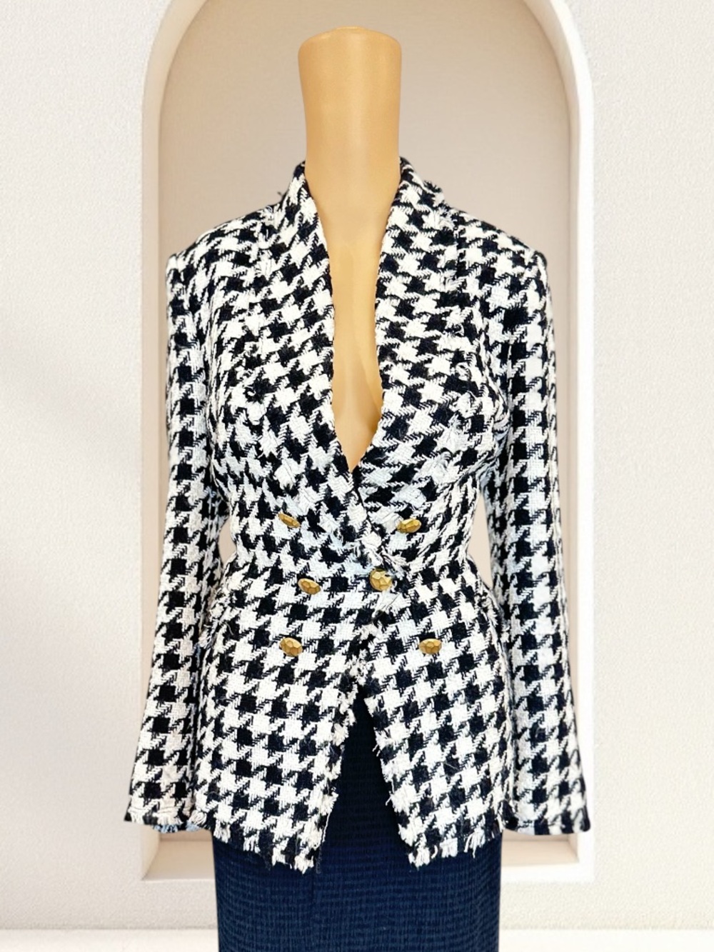 Zara Black & White Houndstooth Double-Breasted Blazer